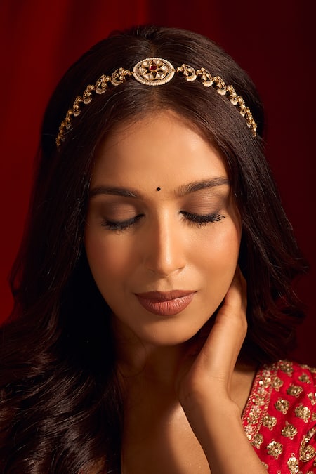 Nazaakat By Samara Singh Kundan Ruby Pink Brass Mathapatti 