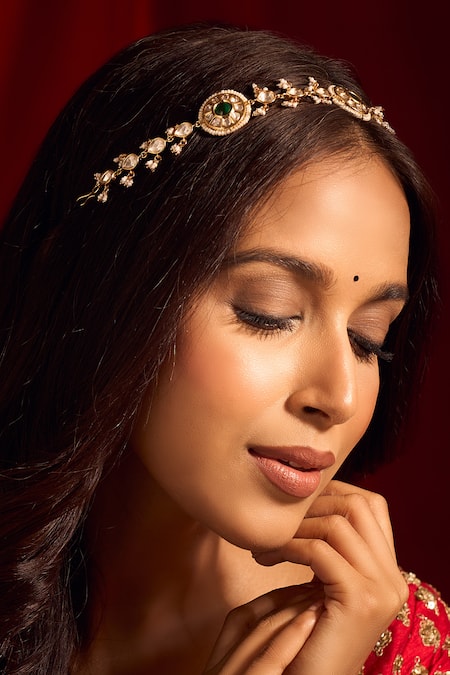 Nazaakat By Samara Singh Kundan Green Brass Mathapatti 