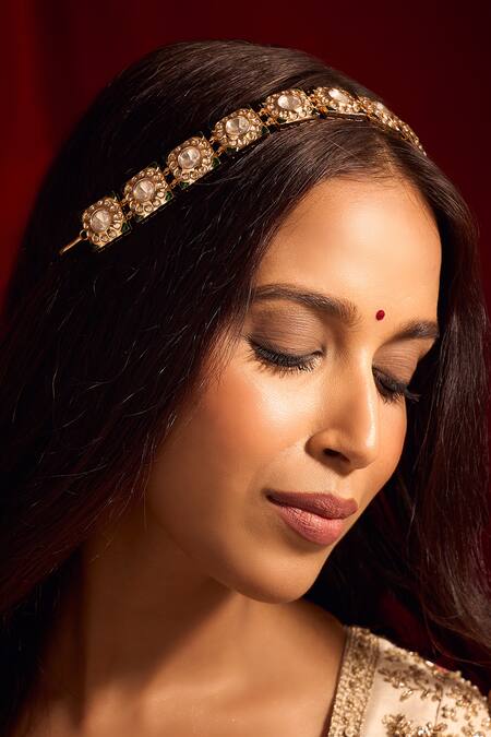 Nazaakat By Samara Singh_Green Kundan Brass Mathapatti _Online_at_Aza_Fashions