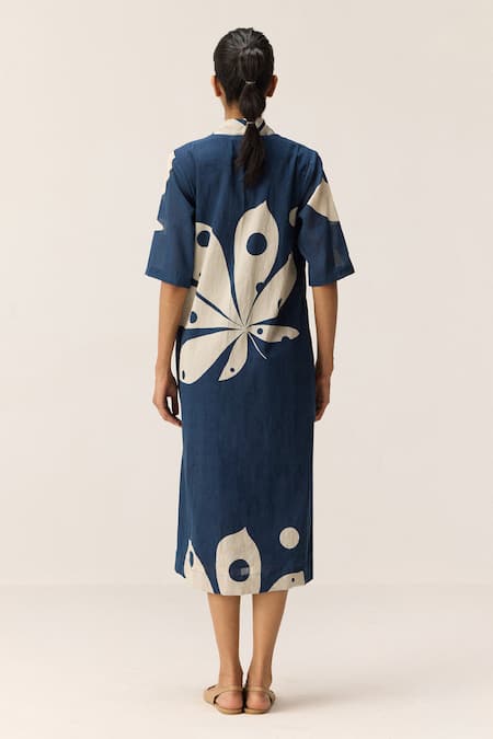 Shop Kharakapas Blue Cotton V-neck Sapphire Shadow Navy Dress at Aza Fashions Shop_Kharakapas_Blue Cotton V-neck Sapphire Shadow Navy Dress _at_Aza_Fashions