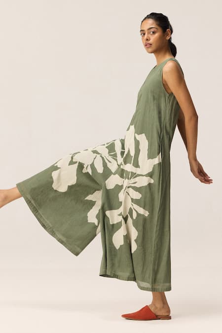 Kharakapas_Green Cotton V-neck Sage Trail Jumpsuit _at_Aza_Fashions