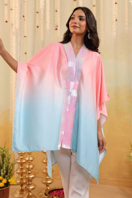 B'Infinite_Pink V-neck Cyan Ombre Embellished Cape _Online_at_Aza_Fashions