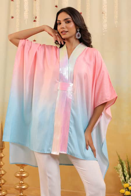 Shop_B'Infinite_Pink V-neck Cyan Ombre Embellished Cape _Online_at_Aza_Fashions