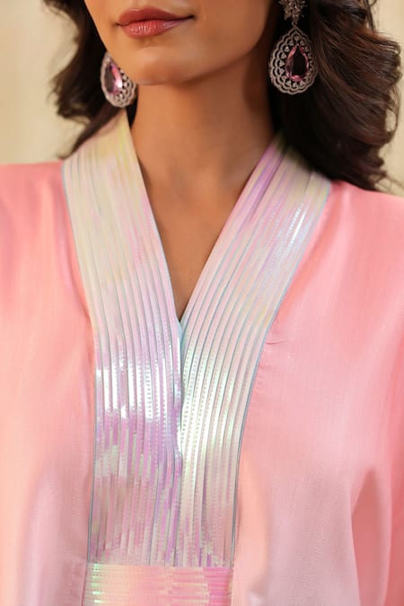 B'Infinite_Pink V-neck Cyan Ombre Embellished Cape _at_Aza_Fashions
