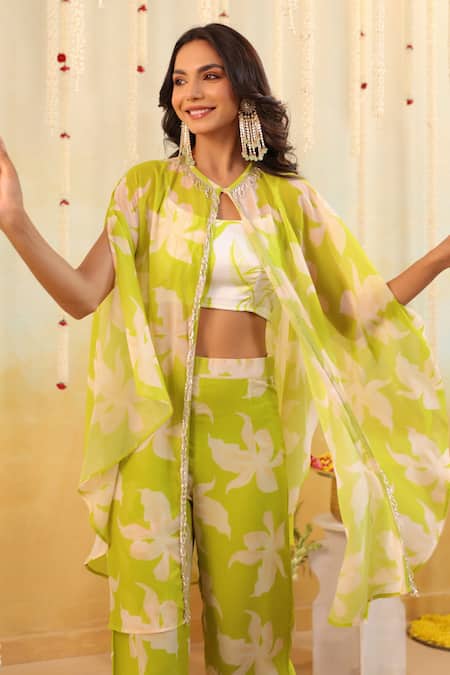B'Infinite_Green Georgette Beads Keyhole Neck, Lime Tropical Embellished Three Piece Set _Online_at_Aza_Fashions