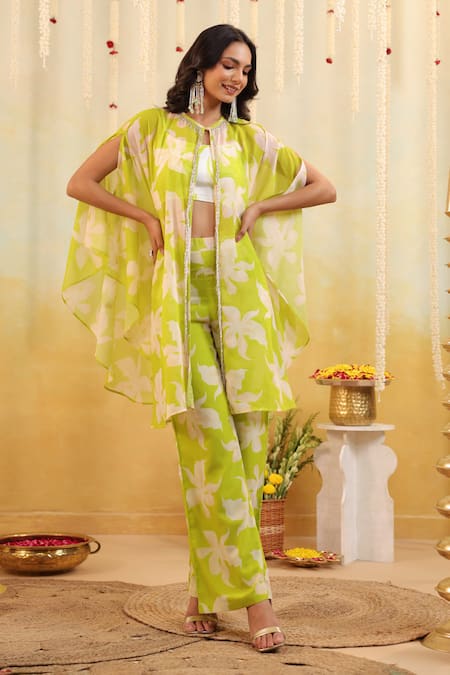 Buy_B'Infinite_Green Georgette Beads Keyhole Neck, Lime Tropical Embellished Three Piece Set _Online_at_Aza_Fashions