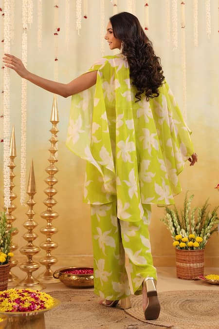 Shop_B'Infinite_Green Georgette Beads Keyhole Neck, Lime Tropical Embellished Three Piece Set _at_Aza_Fashions