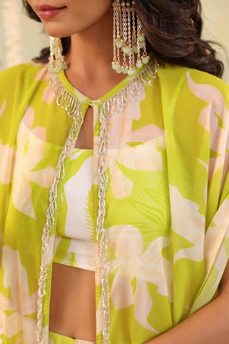 B'Infinite_Green Georgette Beads Keyhole Neck, Lime Tropical Embellished Three Piece Set _at_Aza_Fashions