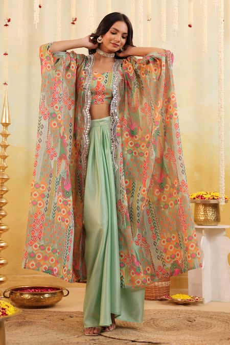 Shop_B'Infinite_Green Georgette Sequins, Embroidery Round Pop Mirage Embellished Three Piece Set _Online_at_Aza_Fashions