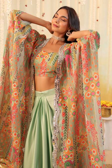 B'Infinite_Green Georgette Sequins, Embroidery Round Pop Mirage Embellished Three Piece Set _at_Aza_Fashions