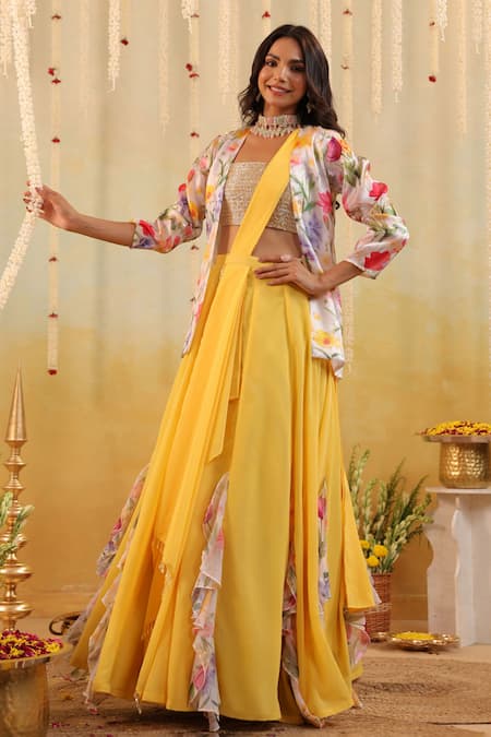 B'Infinite_Multi Color Organza Open Neck, Garden Tulip Embellished Three Piece Set _Online_at_Aza_Fashions