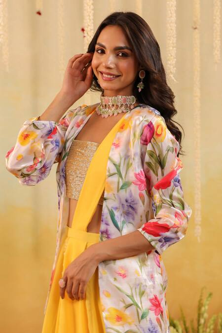 Shop_B'Infinite_Multi Color Organza Open Neck, Garden Tulip Embellished Three Piece Set _Online_at_Aza_Fashions