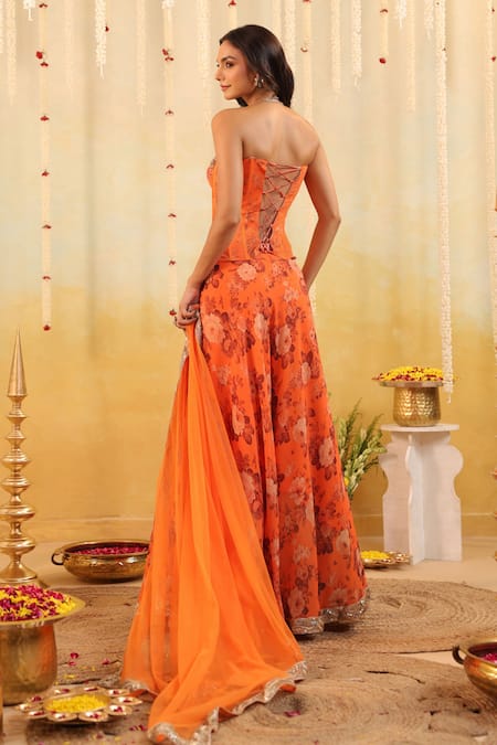 Shop_B'Infinite_Orange Satin, Net Zari Off-shoulder Floral Rust Embellished Three Piece Set _at_Aza_Fashions