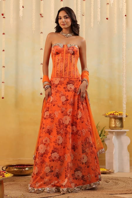 Buy_B'Infinite_Orange Satin, Net Zari Off-shoulder Floral Rust Embellished Three Piece Set _Online_at_Aza_Fashions
