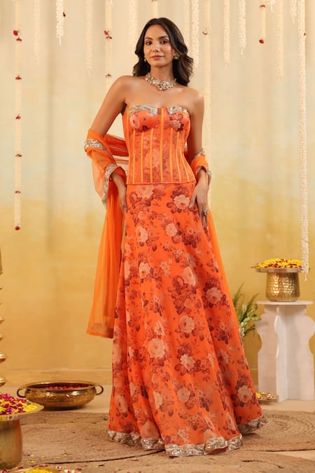 Shop_B'Infinite_Orange Satin, Net Zari Off-shoulder Floral Rust Embellished Three Piece Set _Online_at_Aza_Fashions