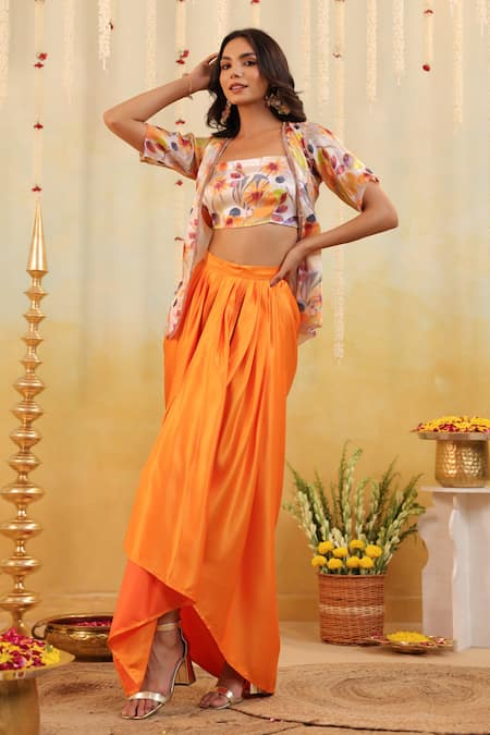 B'Infinite_Orange Organza Round , Open Sunset Botanical Embellished Set _Online_at_Aza_Fashions
