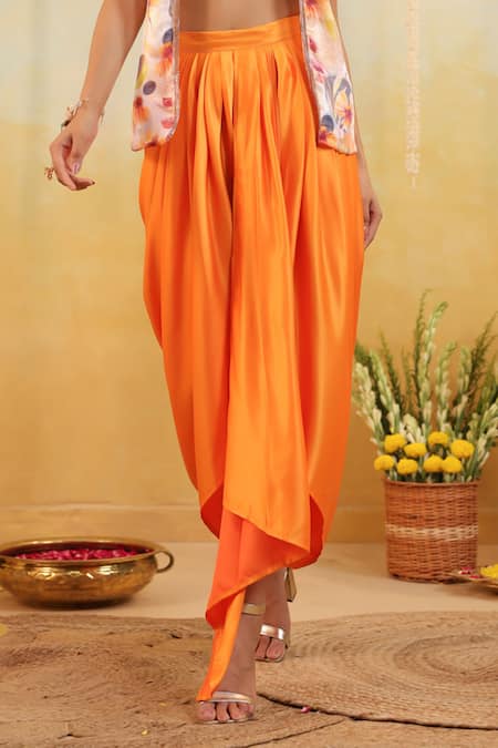 Shop_B'Infinite_Orange Organza Round , Open Sunset Botanical Embellished Set _Online_at_Aza_Fashions