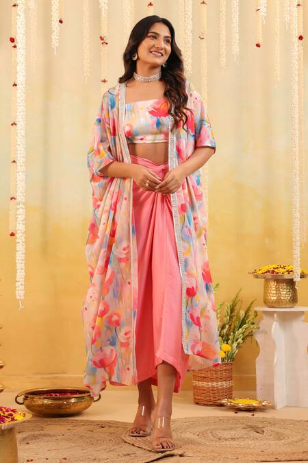 Shop B'Infinite Pink Georgette Sequins Square Neck, Pastel Tulip Embellished Three Piece Set Online at Aza Fashions Shop_B'Infinite_Pink Georgette Sequins Square Neck, Pastel Tulip Embellished Three Piece Set _Online_at_Aza_Fashions