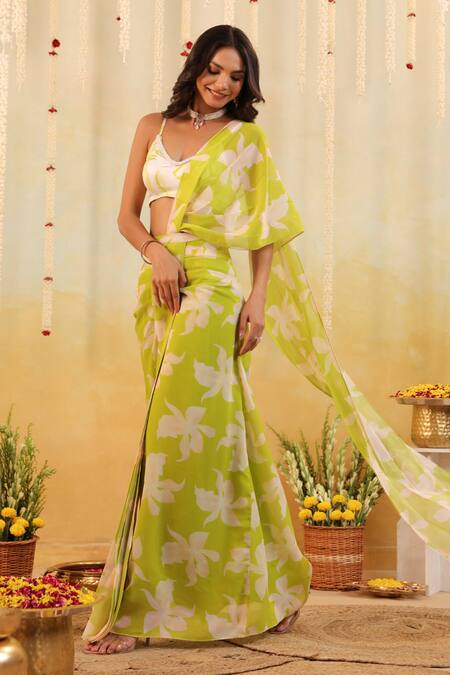 Buy_B'Infinite_Green Satin V-neck Lime Tropical Embellished Draped Saree With Blouse _Online_at_Aza_Fashions