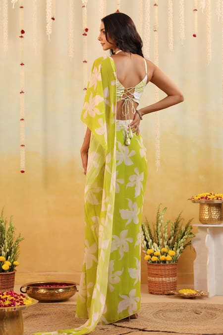 B'Infinite Lime Tropical Embellished Draped Saree With Blouse 