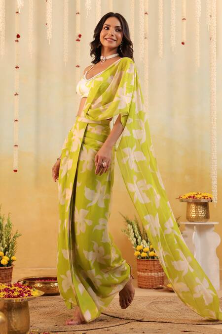 Shop_B'Infinite_Green Satin V-neck Lime Tropical Embellished Draped Saree With Blouse _Online_at_Aza_Fashions
