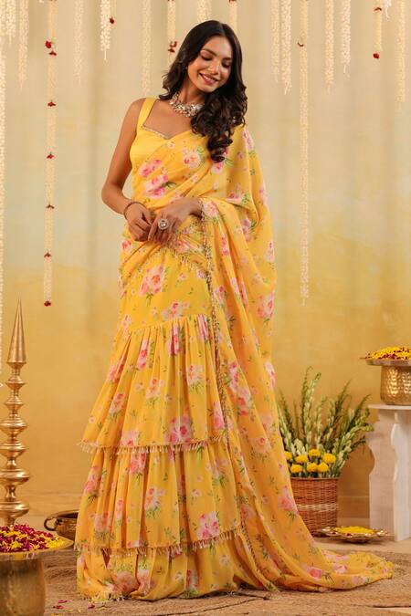 Buy_B'Infinite_Yellow Satin Round Neck Sunlit Garden Embellished Draped Saree With Blouse _Online_at_Aza_Fashions