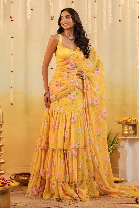 Shop_B'Infinite_Yellow Satin Round Neck Sunlit Garden Embellished Draped Saree With Blouse _Online_at_Aza_Fashions