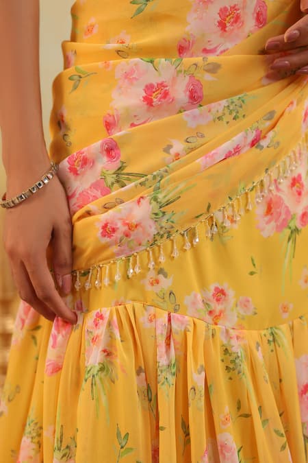 B'Infinite_Yellow Satin Round Neck Sunlit Garden Embellished Draped Saree With Blouse _at_Aza_Fashions