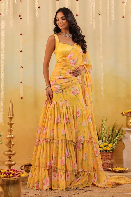 Buy_B'Infinite_Yellow Satin Round Neck Sunlit Garden Embellished Draped Saree With Blouse 