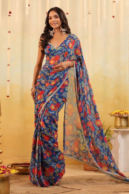 Shop_B'Infinite_Blue Georgette V-neck Carnival Bloom Embellished Draped Saree With Blouse 