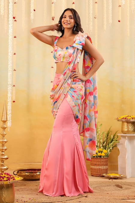 Shop_B'Infinite_Pink Satin Bows Round Neck Pastel Tulip Embellished Draped Saree With Blouse 