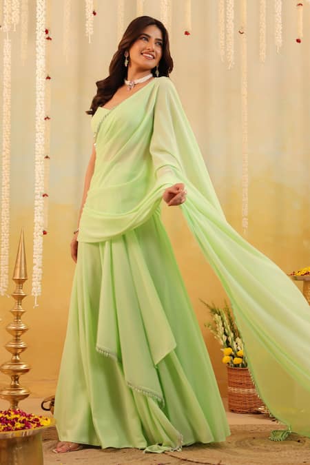Shop_B'Infinite_Green Georgette Beads, Pastel Ruffle Embellished Draped Saree With Blouse _Online_at_Aza_Fashions