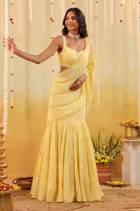 Shop_B'Infinite_Yellow Georgette Beads Sweetheart Butter Embellished Draped Saree With Blouse _Online_at_Aza_Fashions