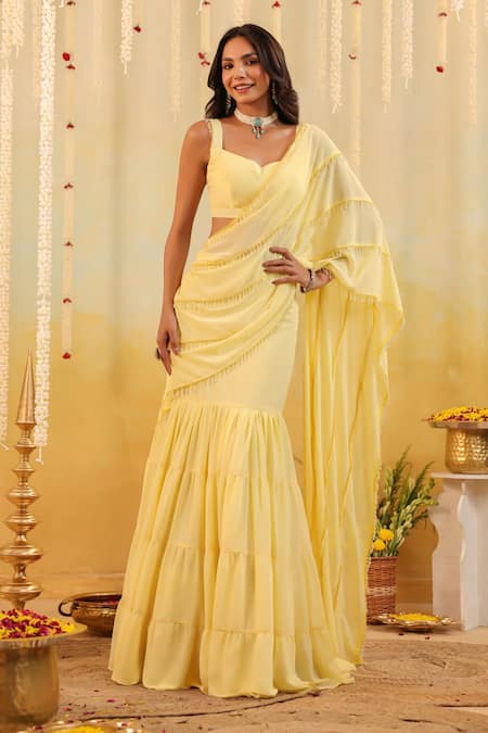 B'Infinite Butter Yellow Embellished Draped Saree With Blouse 