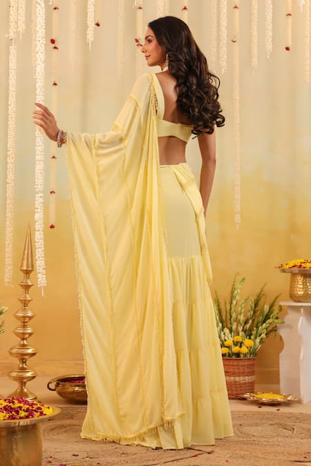 B'Infinite Butter Yellow Embellished Draped Saree With Blouse 
