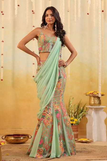 B'Infinite Pop Mirage Embellished Draped Saree & Blouse Set 