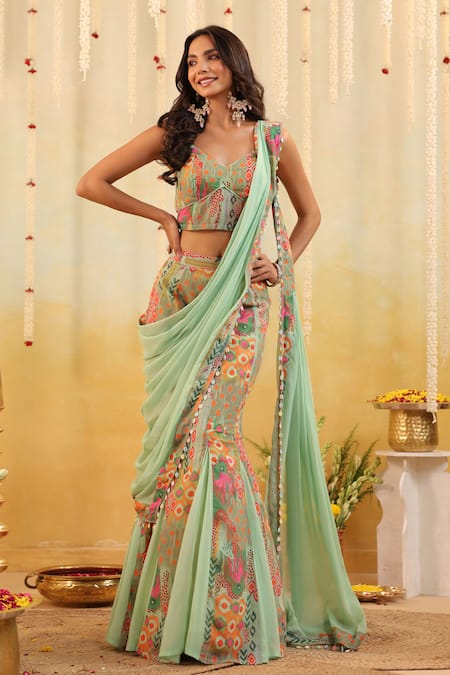 Buy B'Infinite Green Georgette Embroidery Pop Mirage Embellished Draped Saree And Blouse Set Online at Aza Fashions Buy_B'Infinite_Green Georgette Embroidery Pop Mirage Embellished Draped Saree And Blouse Set _Online_at_Aza_Fashions