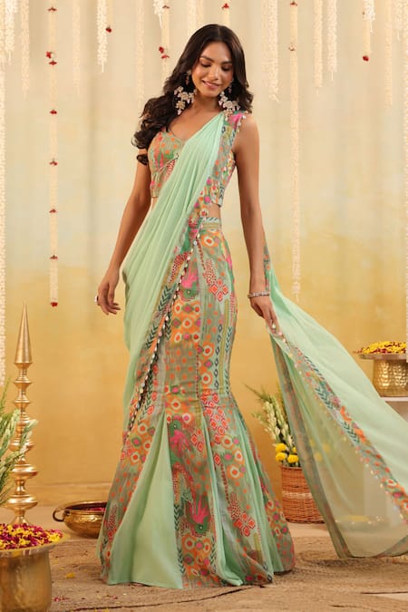 Shop B'Infinite Green Georgette Embroidery Pop Mirage Embellished Draped Saree And Blouse Set Online at Aza Fashions Shop_B'Infinite_Green Georgette Embroidery Pop Mirage Embellished Draped Saree And Blouse Set _Online_at_Aza_Fashions