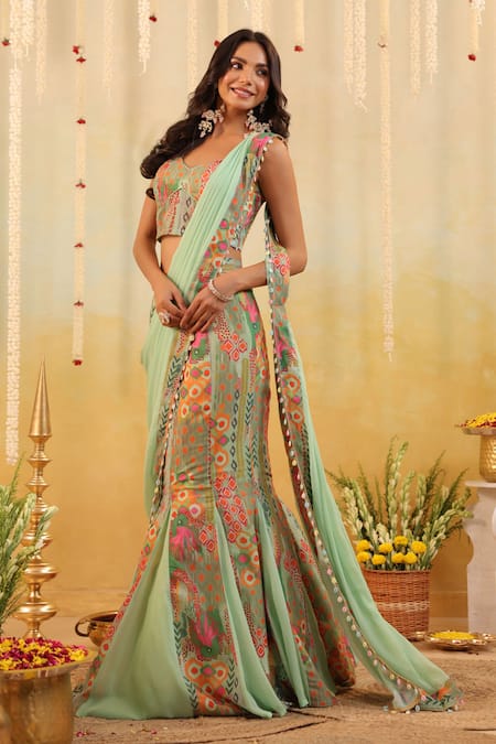 B'Infinite Green Georgette Embroidery Pop Mirage Embellished Draped Saree And Blouse Set at Aza Fashions B'Infinite_Green Georgette Embroidery Pop Mirage Embellished Draped Saree And Blouse Set _at_Aza_Fashions