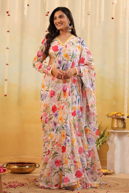 Buy_B'Infinite_Multi Color Georgette Garden Tulipe Embellished Draped Saree And Blouse Set _Online_at_Aza_Fashions