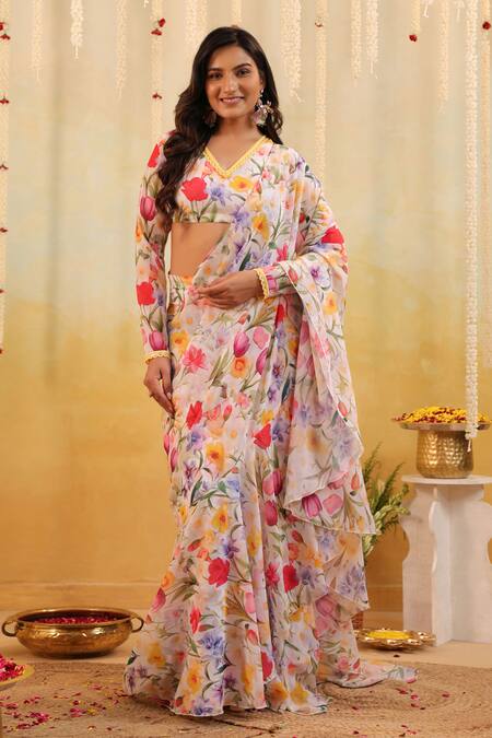 Buy_B'Infinite_Multi Color Georgette Garden Tulipe Embellished Draped Saree And Blouse Set 