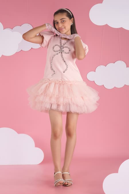 Shop Hoity Moppet Pink Crepe Rhinestones Designer Tulle Dress Online at Aza Fashions Shop_Hoity Moppet_Pink Crepe Rhinestones Designer Tulle Dress _Online_at_Aza_Fashions