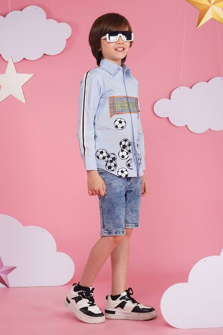 Hoity Moppet_Blue Cotton Embroidery Big Game Player Light Shirt _Online_at_Aza_Fashions