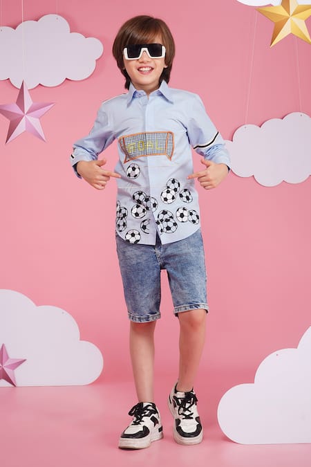 Buy_Hoity Moppet_Blue Cotton Embroidery Big Game Player Light Shirt _Online_at_Aza_Fashions