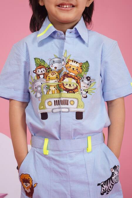 Hoity Moppet Blue Cotton Embroidery Light Designer Shirt And Shorts Set Online at Aza Fashions Hoity Moppet_Blue Cotton Embroidery Light Designer Shirt And Shorts Set _Online_at_Aza_Fashions