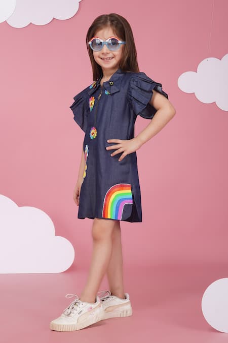 Hoity Moppet_Blue Denim Embroidery Floral Designer Dress _Online_at_Aza_Fashions