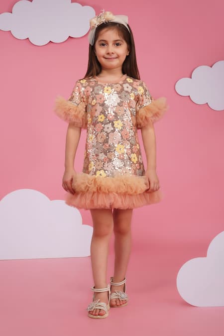 Hoity Moppet_Multi Color Sequins, Ruffles Floral Dress With Hem _Online_at_Aza_Fashions