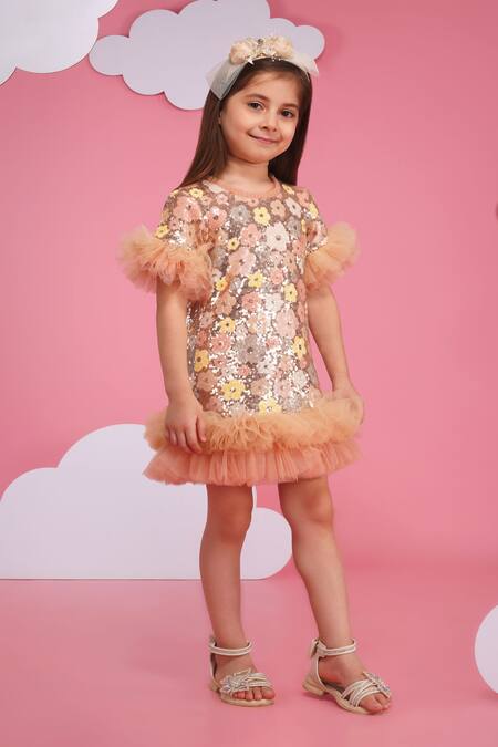 Buy_Hoity Moppet_Multi Color Sequins, Ruffles Floral Dress With Hem _Online_at_Aza_Fashions