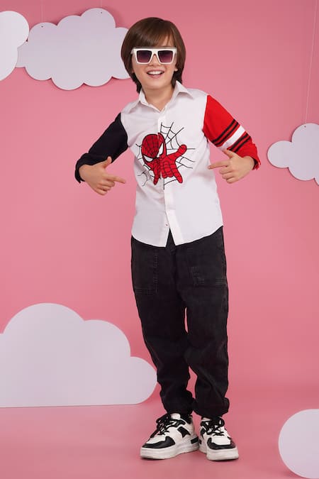 Hoity Moppet_White Cotton Embroidery Spider-x Boys Designer Shirt _Online_at_Aza_Fashions