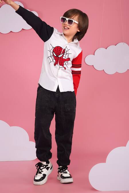 Buy_Hoity Moppet_White Cotton Embroidery Spider-x Boys Designer Shirt _Online_at_Aza_Fashions